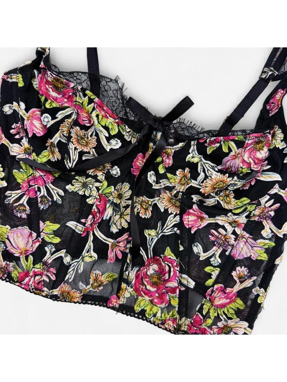 Victoria's Secret Floral Mesh Lace Up Corset Bustier Top in Black